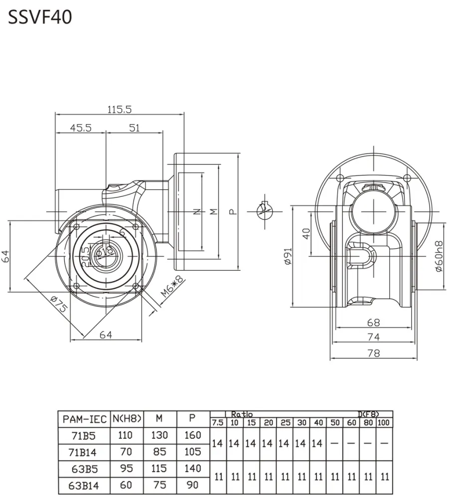 EP-SSVF40 SSVF stainless worm reducer dimension drawing
