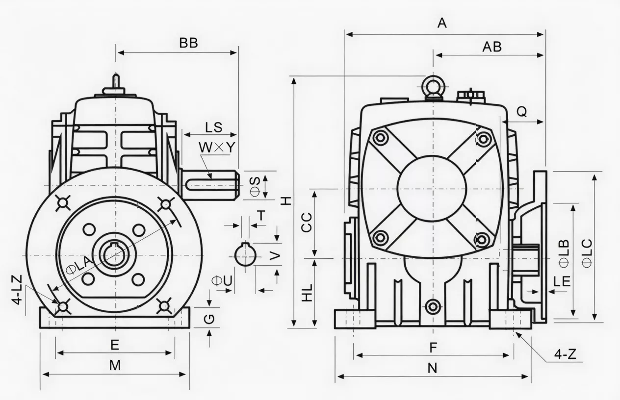WPDA worm gearbox dimension drawing specification