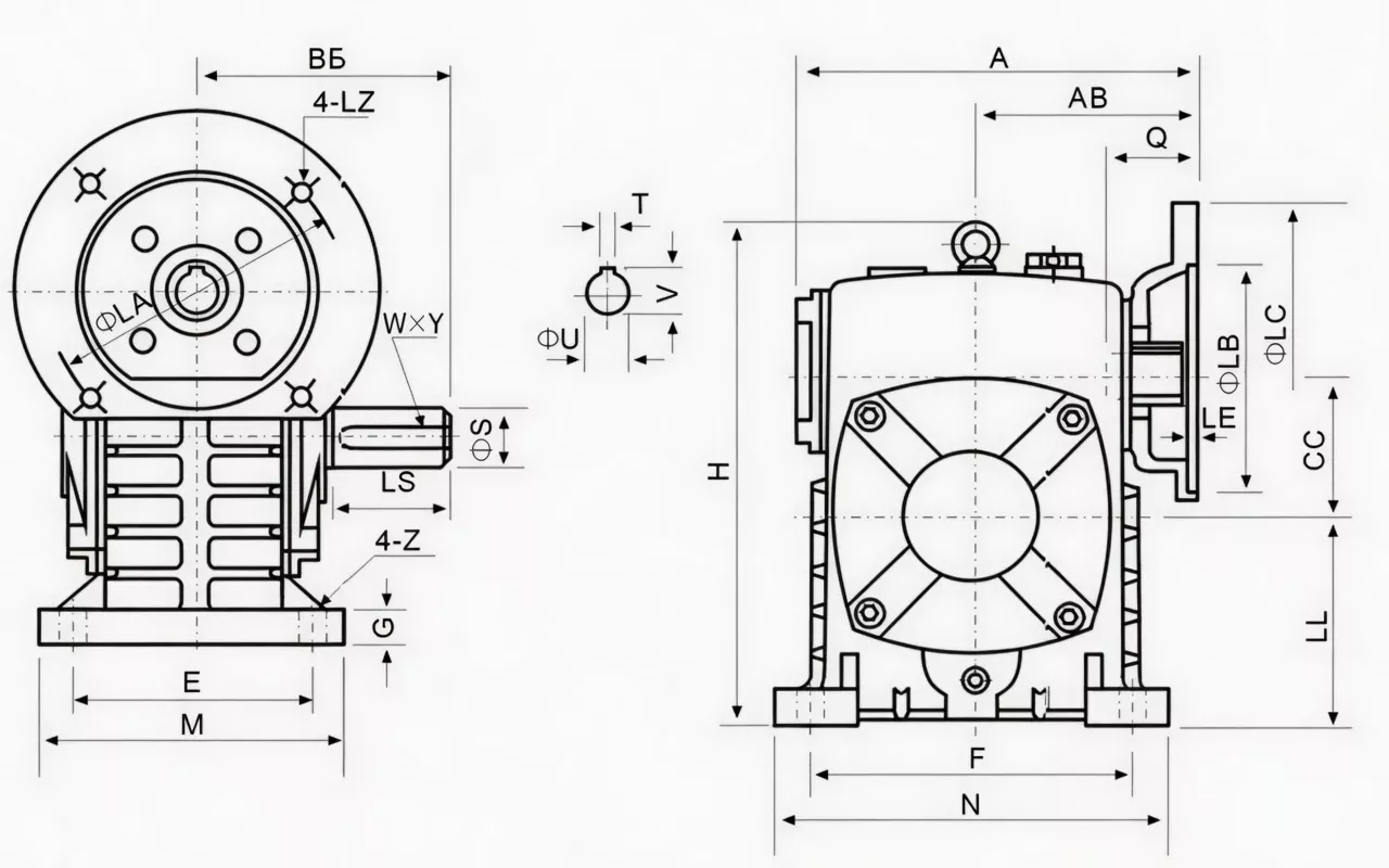 WPDS worm gearbox dimension drawing specification