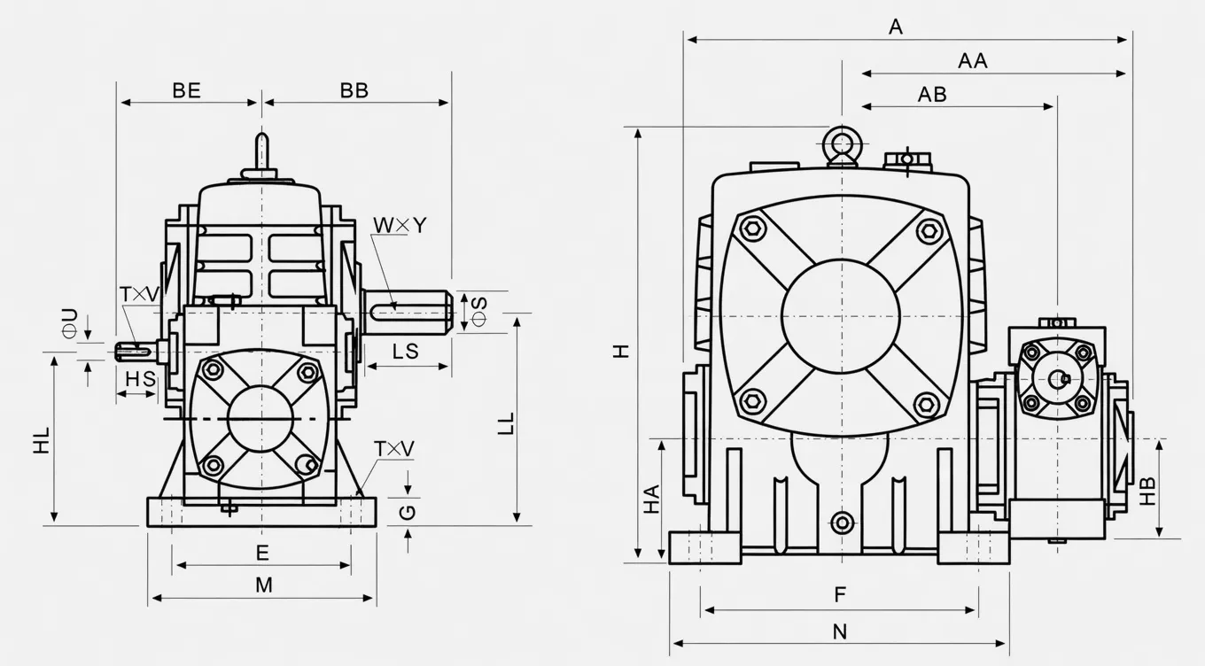 WPEA double speed worm gearbox dimension drawing