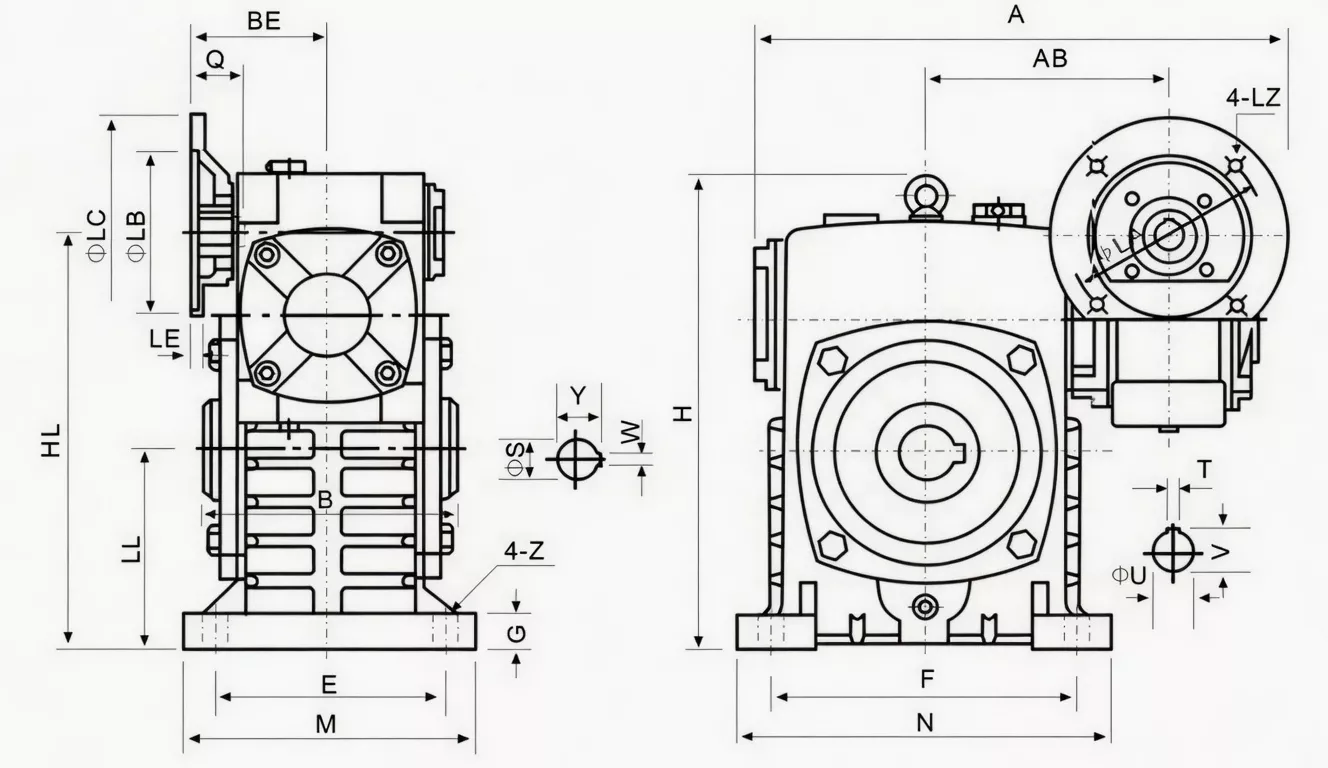 WPEDKS double speed worm gearbox dimension drawing