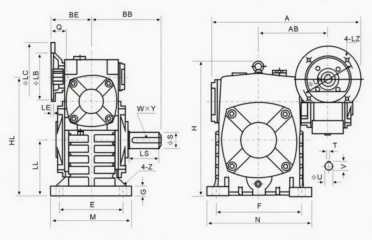 WPEDS double speed worm gearbox dimension drawing