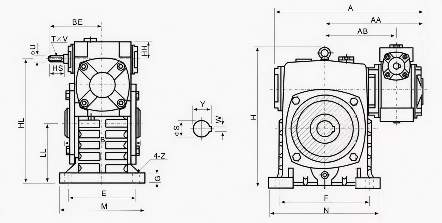 WPEKS double speed worm gearbox dimension drawing