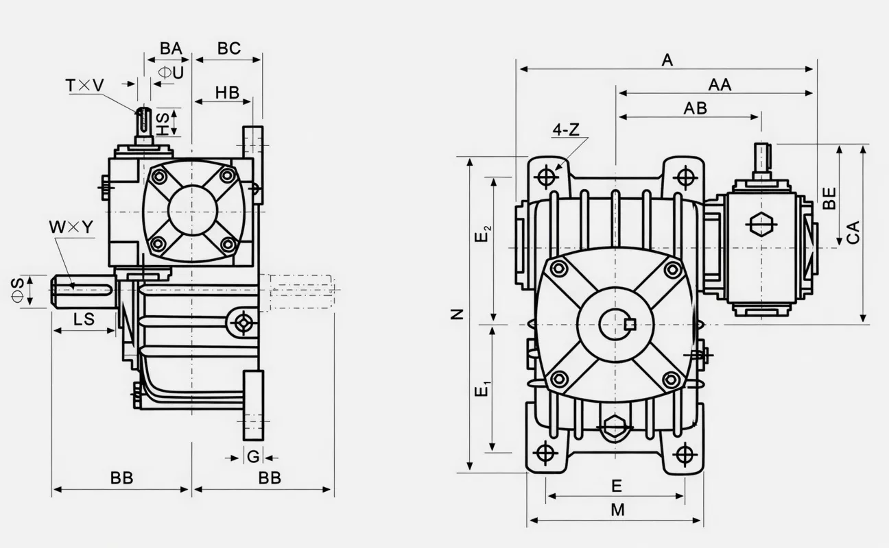 WPEO double speed worm gearbox dimension drawing