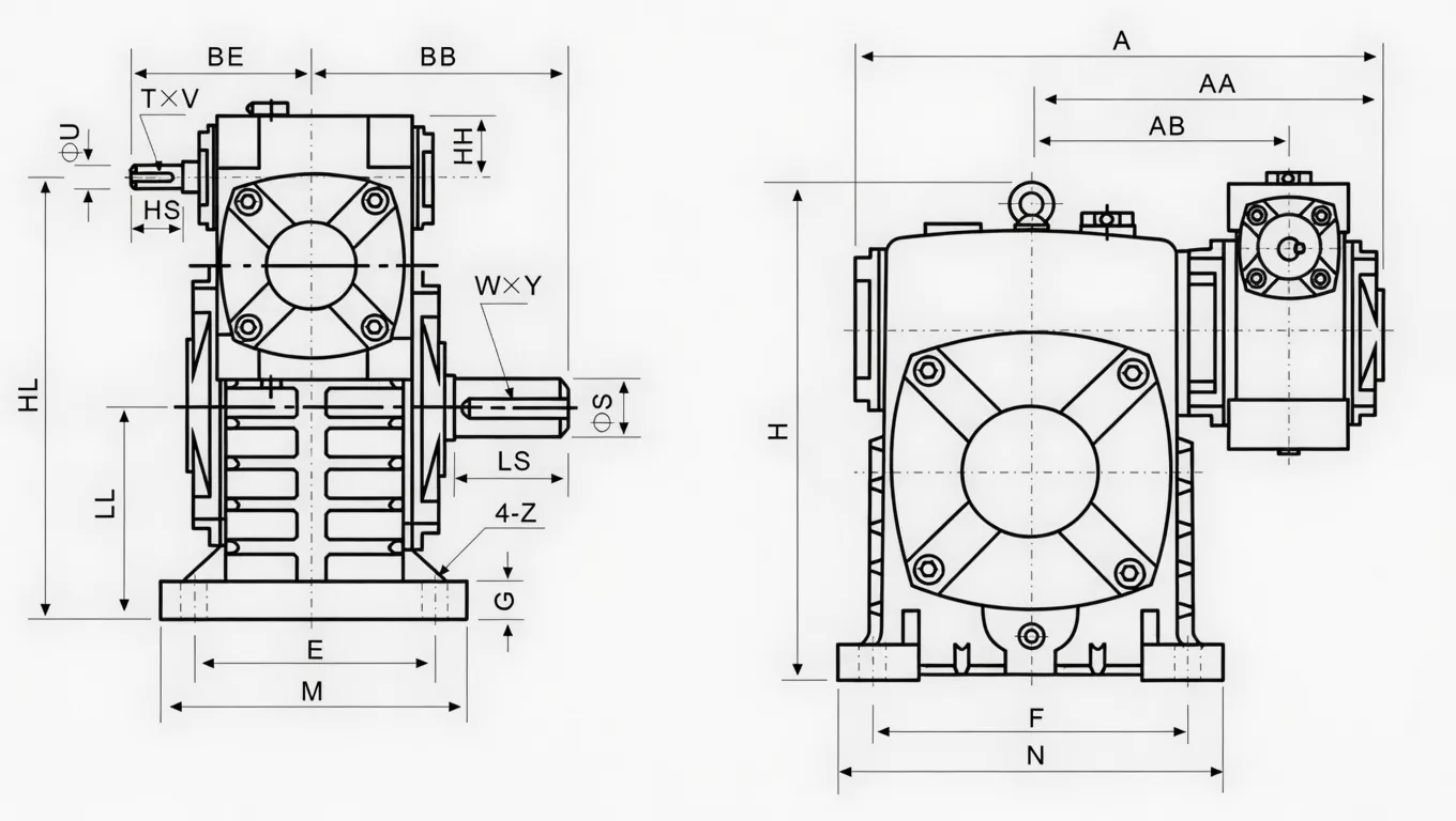 WPES double speed worm gearbox dimension drawing