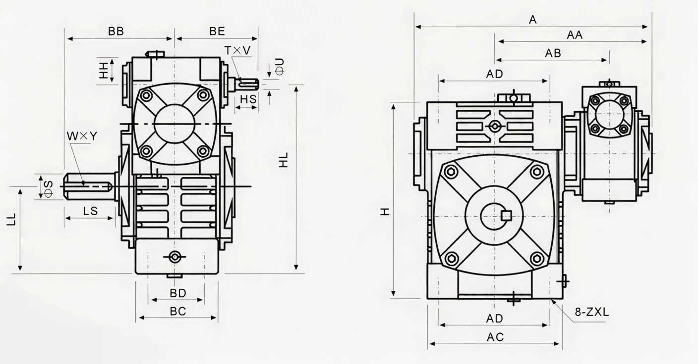 WPWE double speed worm gearbox dimension drawing