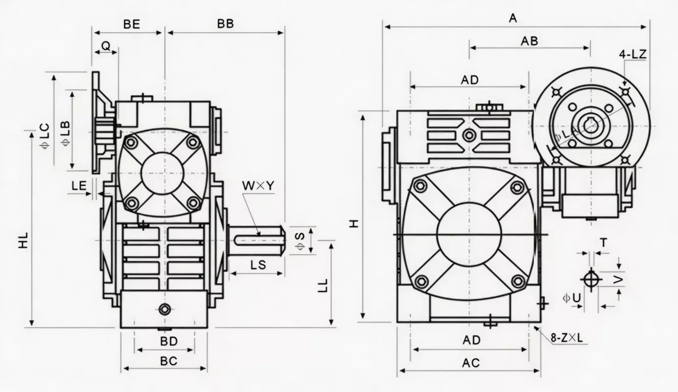 WPWED double speed worm gearbox dimension drawing