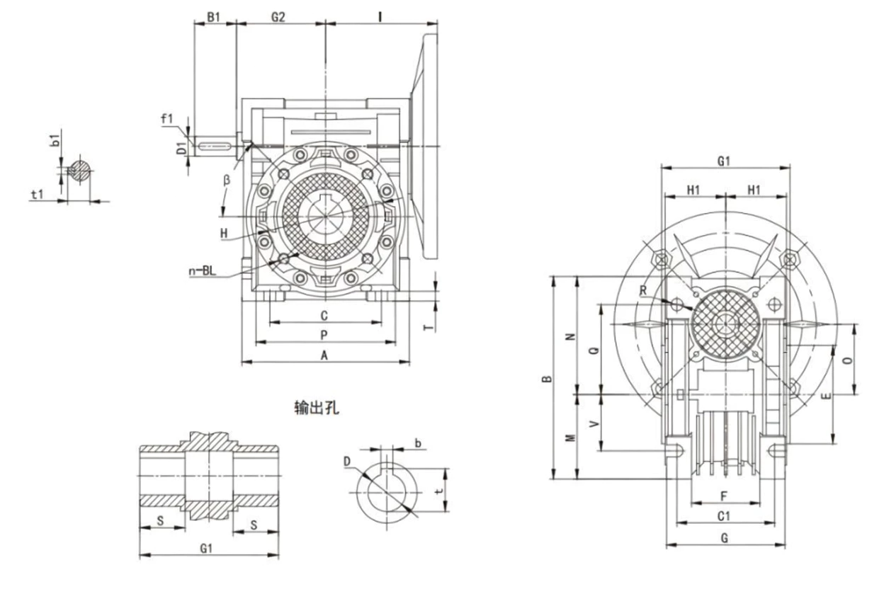 EP-NMRV-E030 coaxial worm gearbox specification drawing
