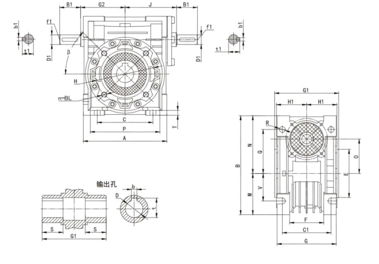 EP-NRV-E063 worm gearbox specification drawing